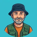 Illustrated angler with a grey beard, bucket hat and green fishing vest