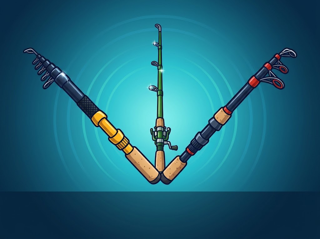 Three fishing rods with cork and EVA handles crossed in a V