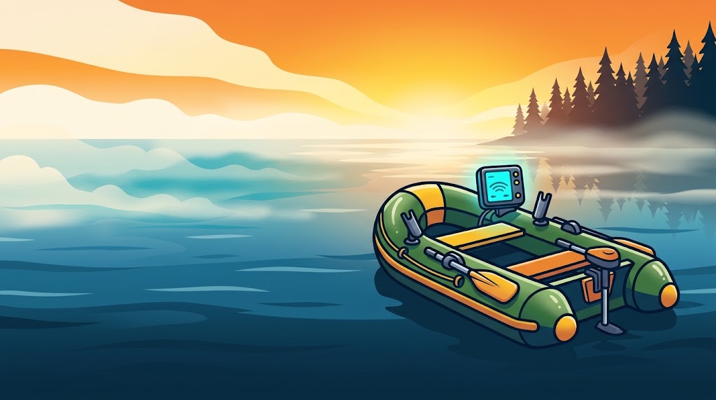 Green inflatable fishing boat with an outboard motor and an echo sounder on a misty lake