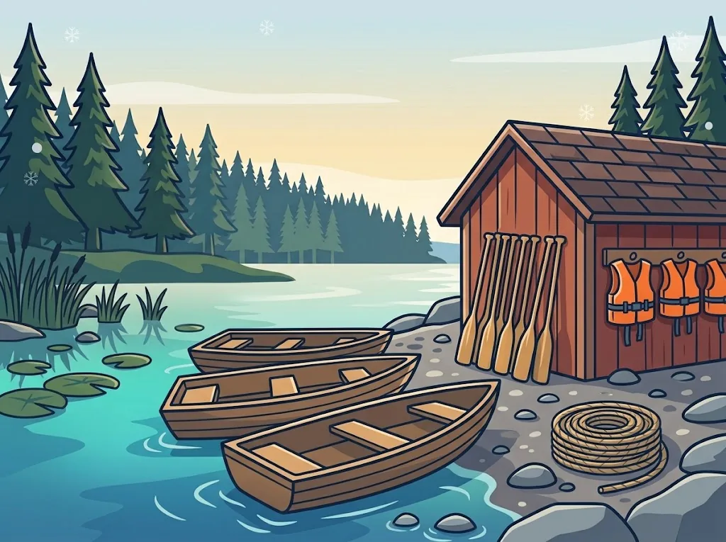 Artist’s impression of three wooden rowing boats at the shore beside a boathouse, with oars and orange life jackets on its wall