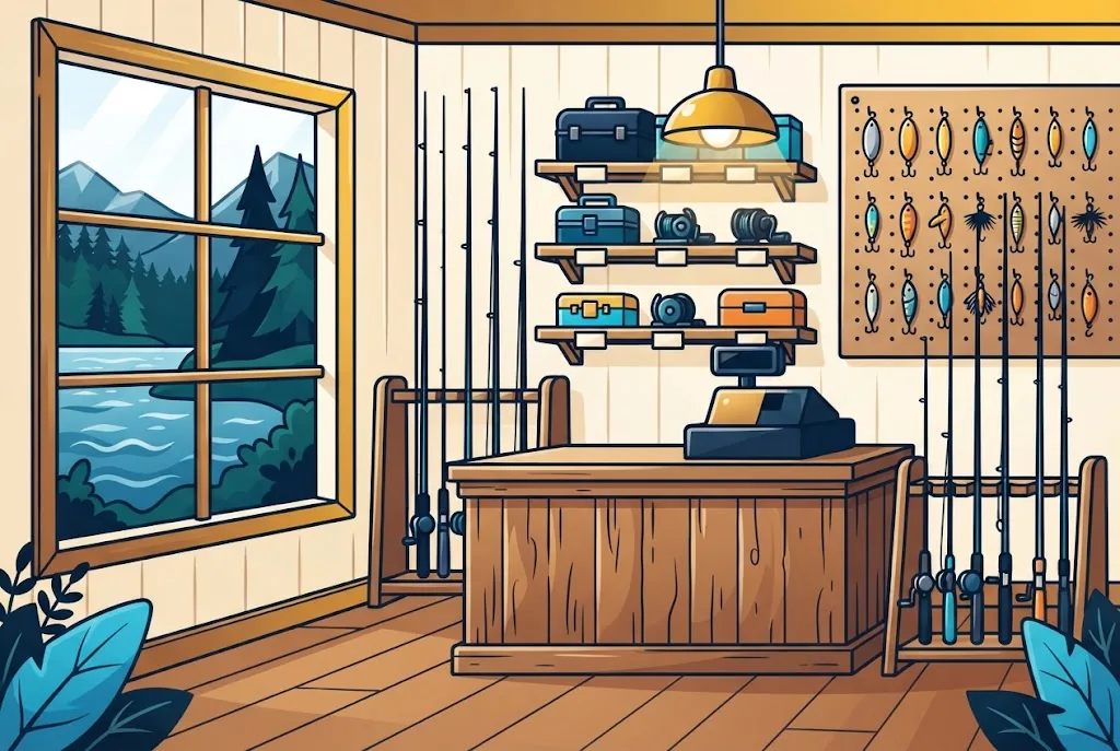 Artist’s impression of the shop counter at the lodge: a wooden counter and till, rods in racks, reels and tackle boxes on shelves and a board of lures, with the lake through the window