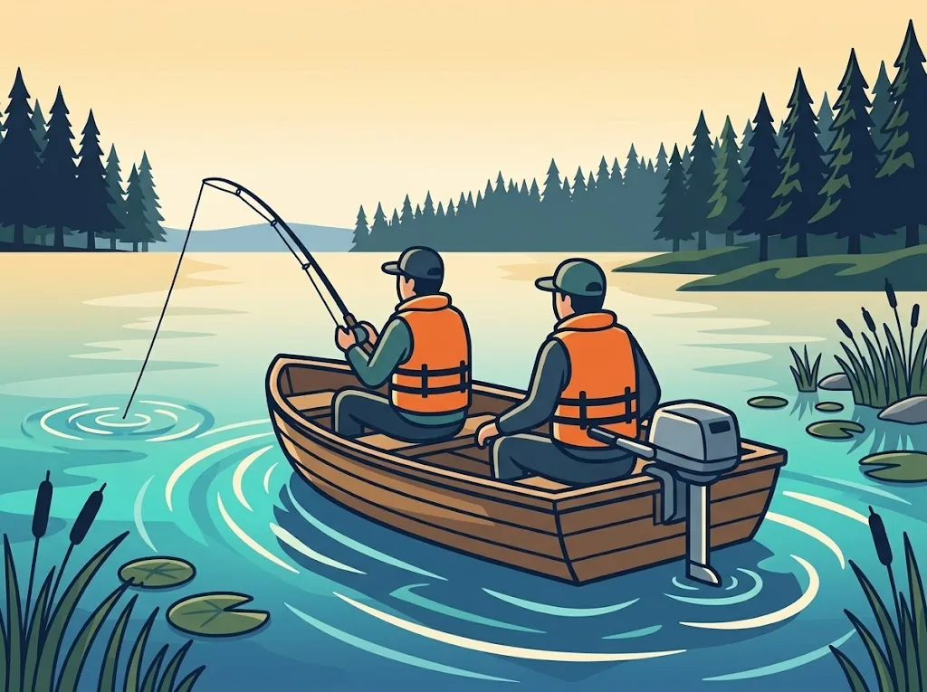 Artist’s impression of a guide and an angler in life jackets in a small boat with an outboard, seen from behind, one of them playing a fish