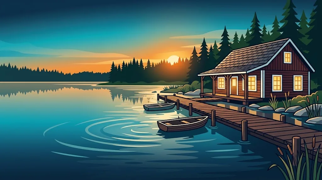 Artist’s impression of the planned lodge, a fishing lodge rather than a casino hotel in Norway: a red timber house with lit windows on a lake shore at sunset, a long wooden jetty and two rowing boats