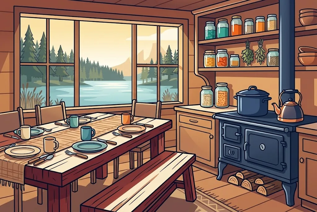 Artist’s impression of the lodge kitchen: a long wooden table set with plates and mugs, a wood-fired range with a pot and kettle, and a window onto the lake