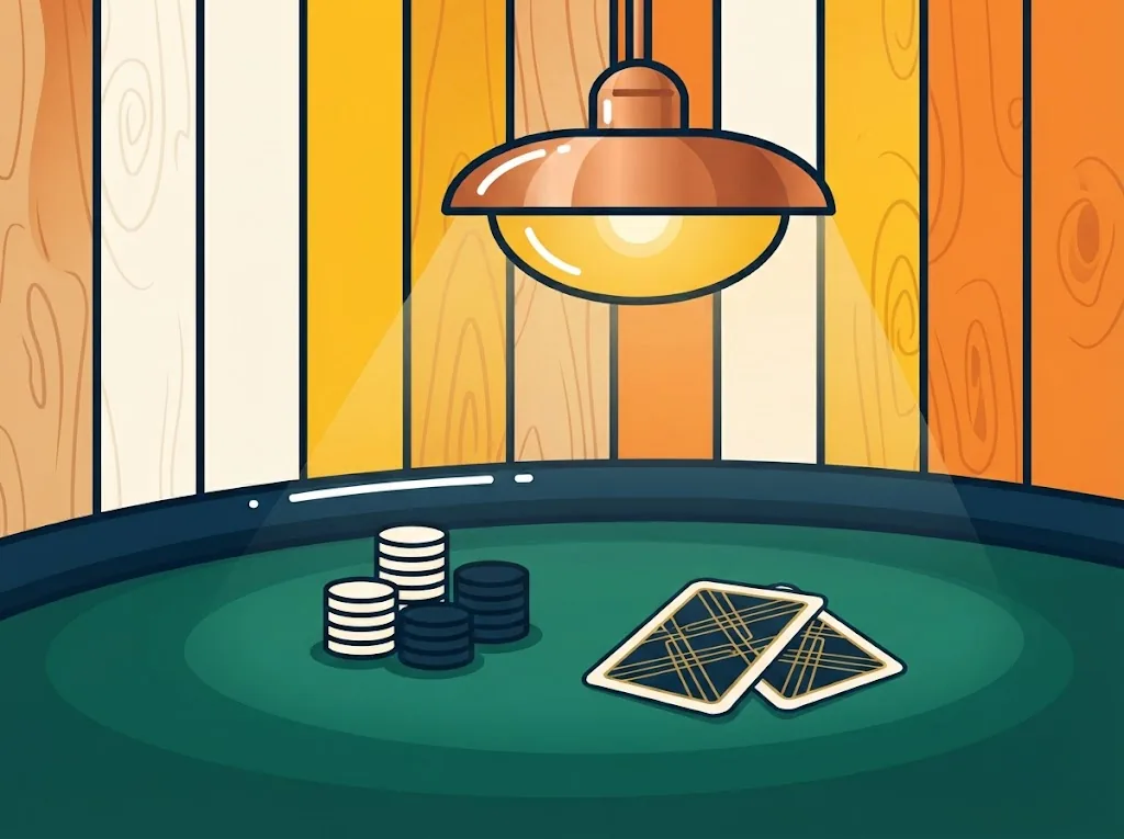 Artist’s impression of a card table under a lamp: green baize, plain chips without values and two cards face down