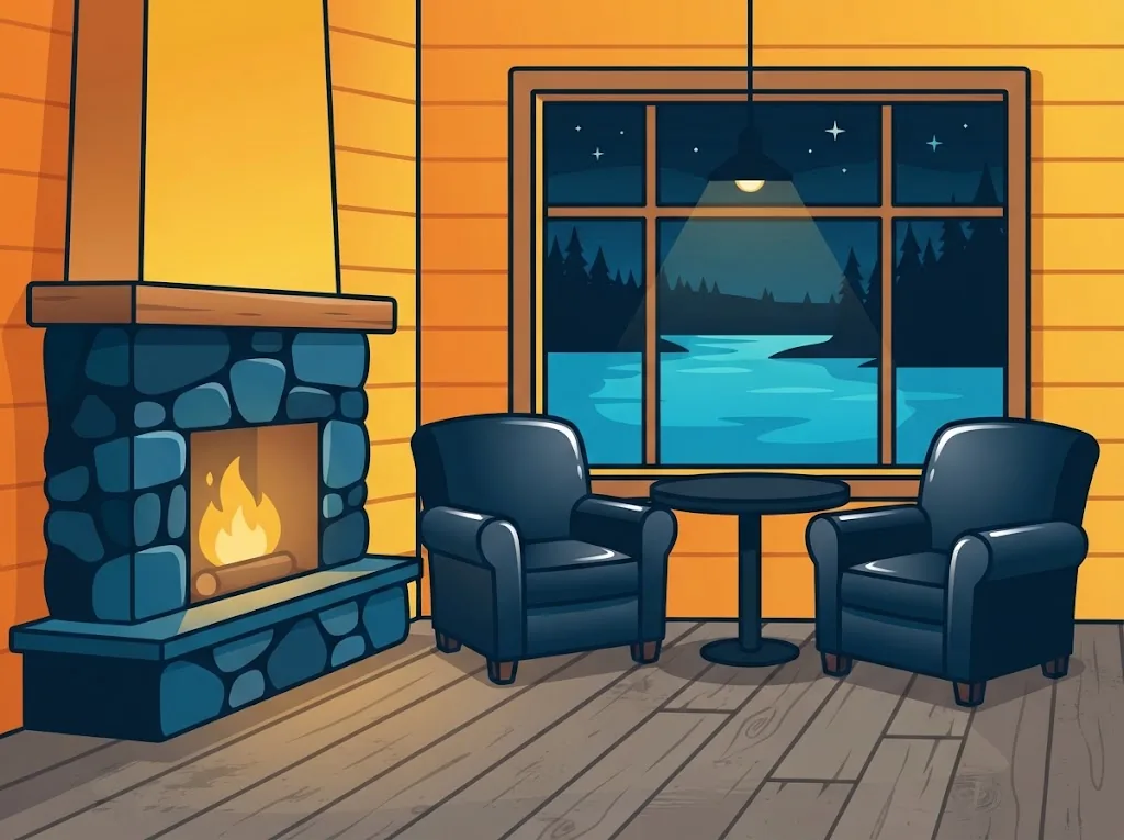Artist’s impression of a quiet corner: a stone fireplace, two armchairs and a small table by a window onto the lake at night