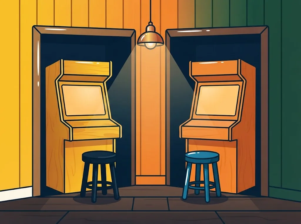 Artist’s impression of two gaming machines in wooden alcoves under a lamp, their screens blank, each with a stool