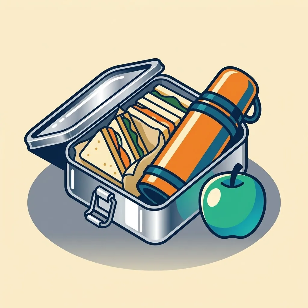 Artist’s impression of a packed breakfast: a metal tin of sandwiches, a flask and an apple