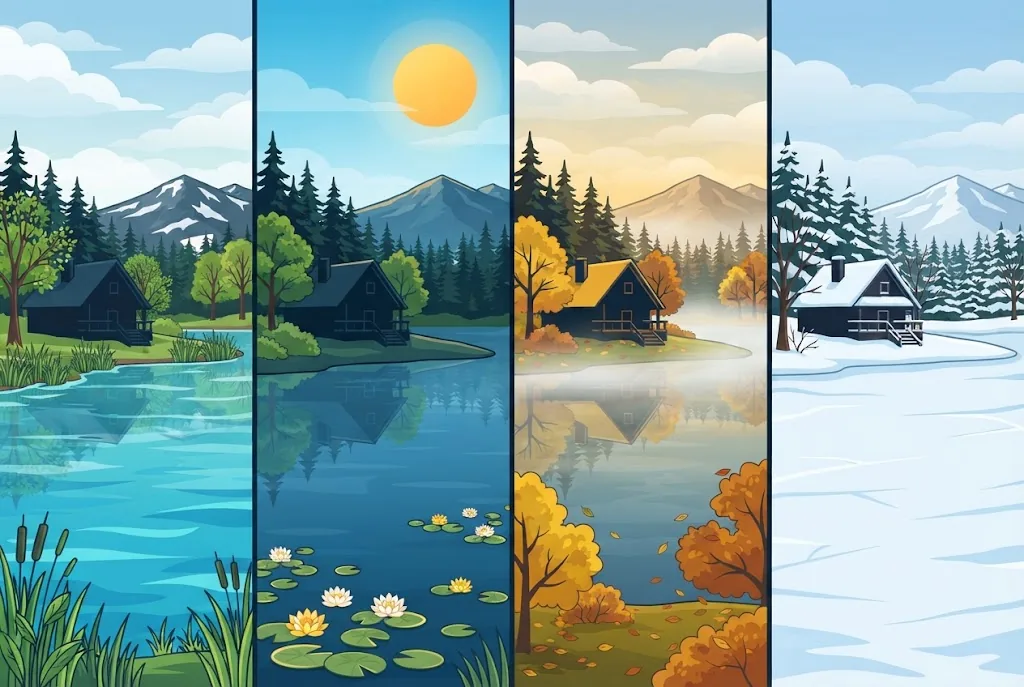Artist’s impression of the lodge by the lake in spring, summer, autumn and winter, shown side by side