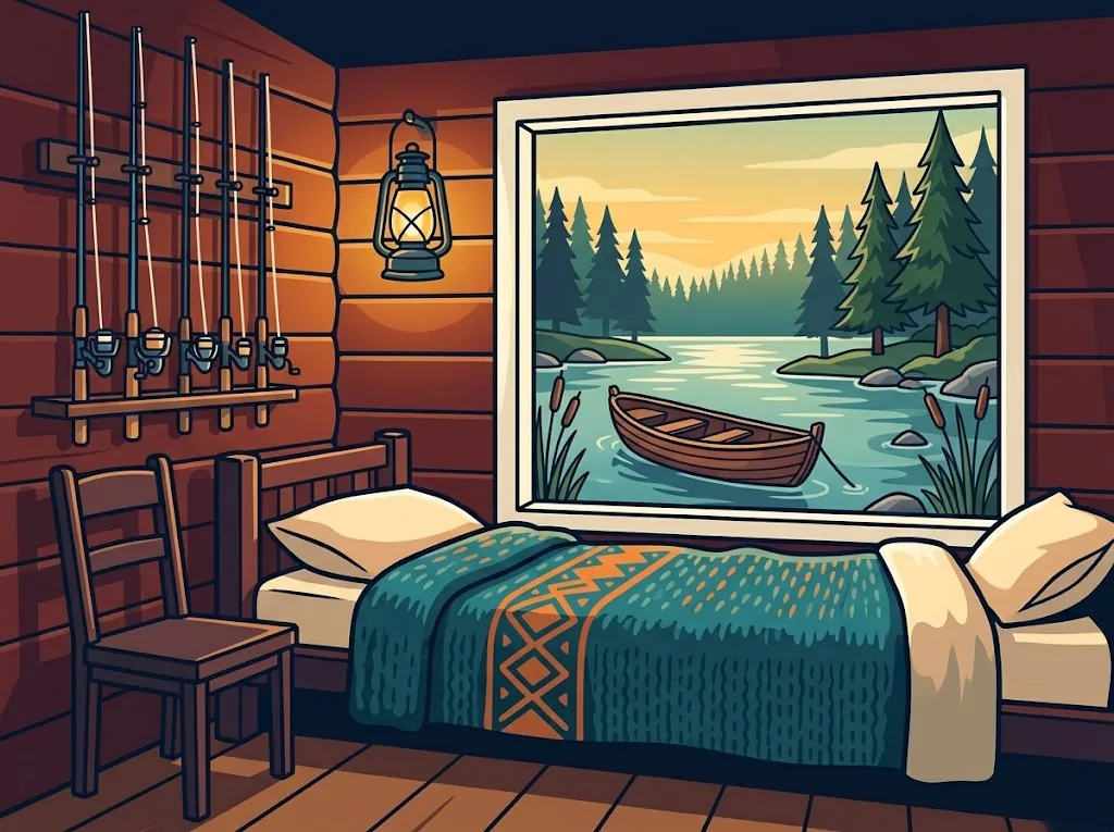 Artist’s impression of the Boathouse Cabin inside: a bed with a knitted blanket, a rod rack on the log wall and a large window onto the lake