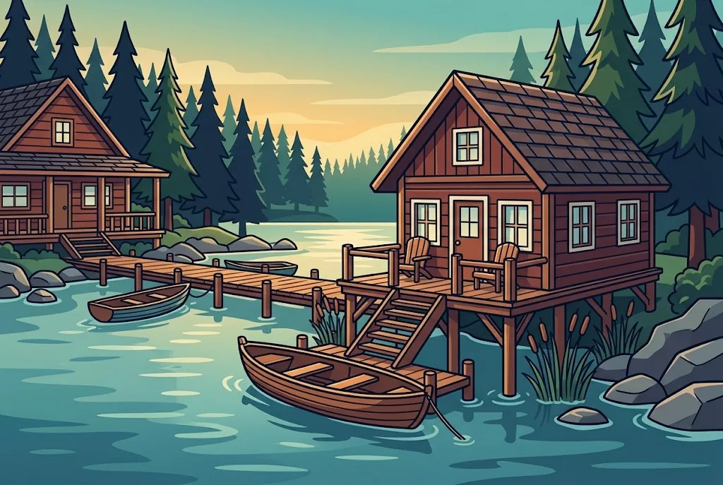 Artist’s impression of the Boathouse Cabin: a red timber cabin on stilts at the lake edge, with a deck, two chairs and steps down to a rowing boat