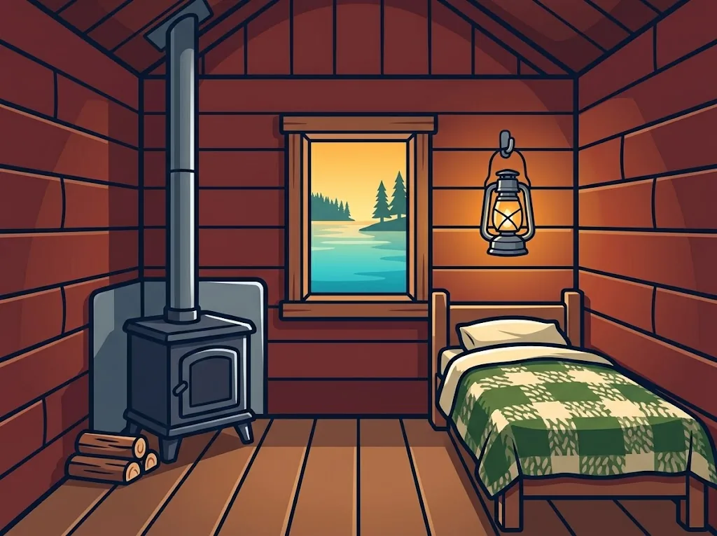 Artist’s impression of the Island Hut inside: a wood-burning stove, a single bed and a lantern beside a small window onto the lake