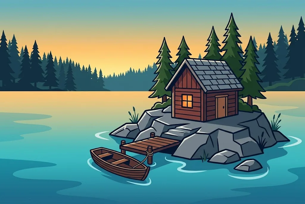 Artist’s impression of the Island Hut: a small timber hut on a rocky islet, with a landing stage and a rowing boat