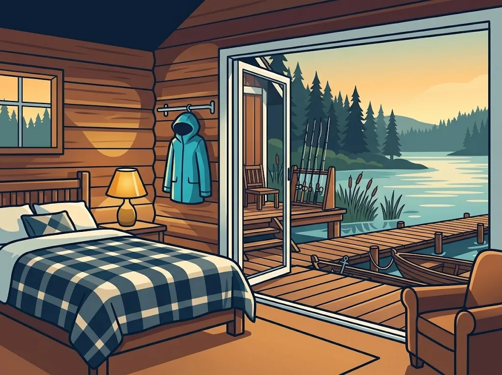Artist’s impression of the Jetty Suite inside: a bed with a checked blanket, a rain jacket on a hook and a glass door open to the deck and jetty