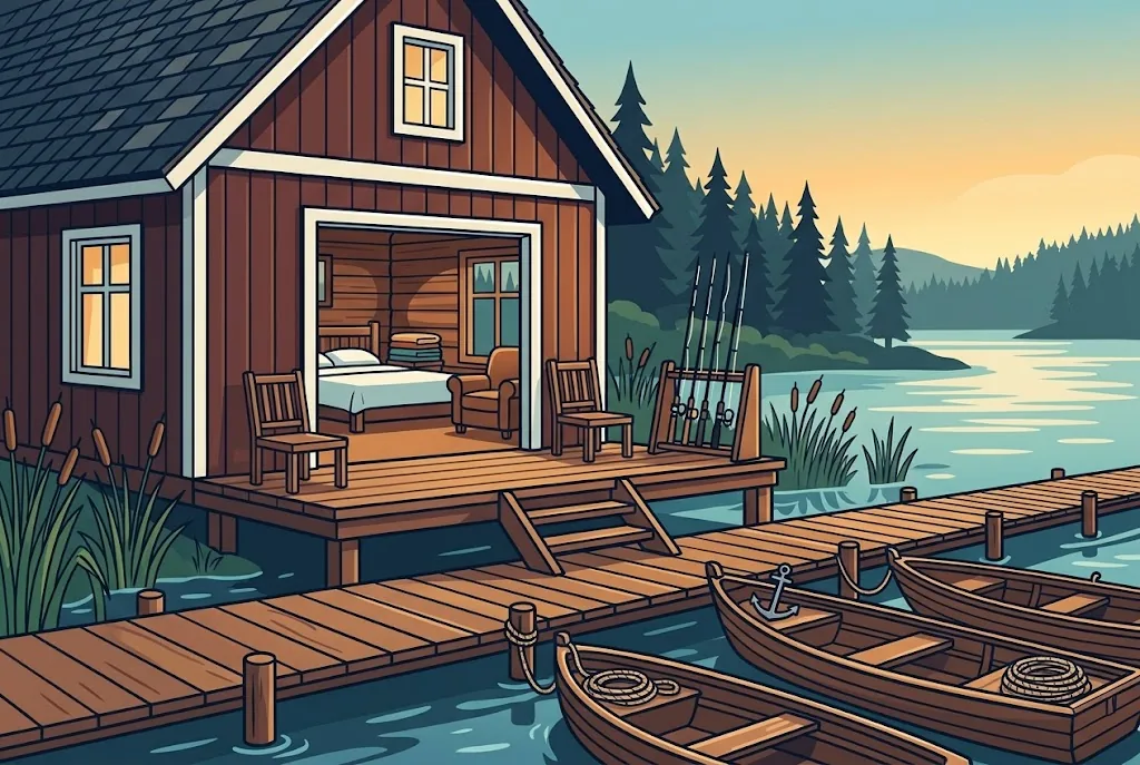 Artist’s impression of the Jetty Suite: a room open onto a deck with chairs and a rod stand, with steps down to a jetty and moored boats