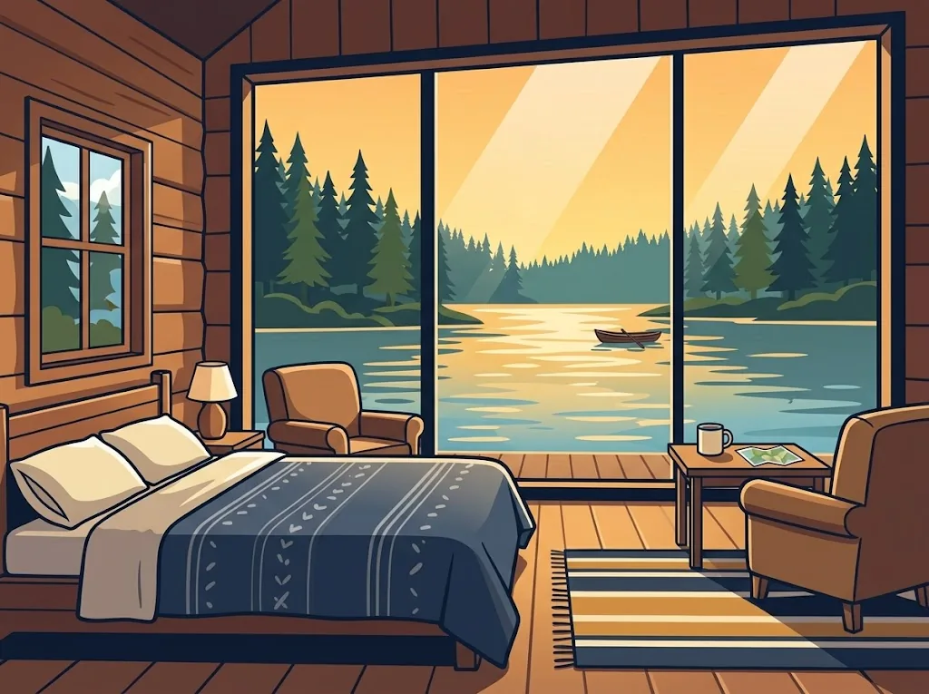 Artist’s impression of the Lakeview Double inside: a double bed, two armchairs and a table in front of a floor-to-ceiling window onto the lake