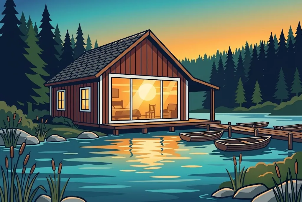 Artist’s impression of the Lakeview Double: a small cabin by the water with one wide lit window, next to a jetty with boats