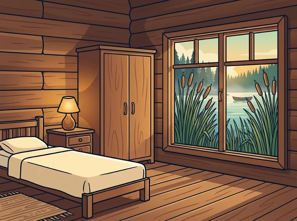 Artist’s impression of the Reed Room inside: a bed, a wardrobe and a lamp beside a window full of reeds, with the lake beyond