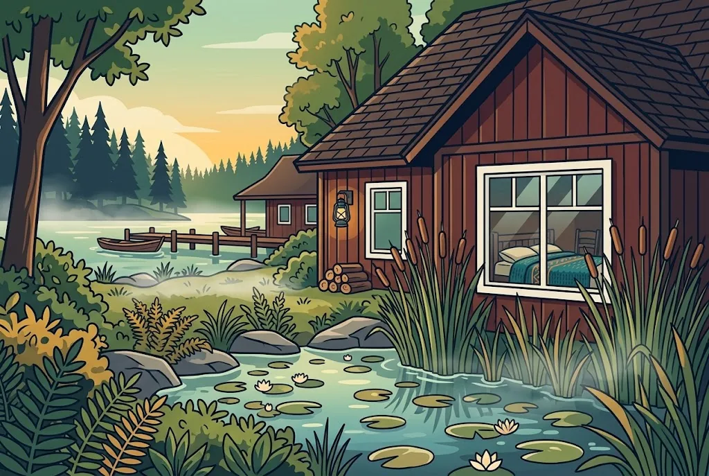 Artist’s impression of the Reed Room: a timber house with a large window behind tall reeds and water lilies