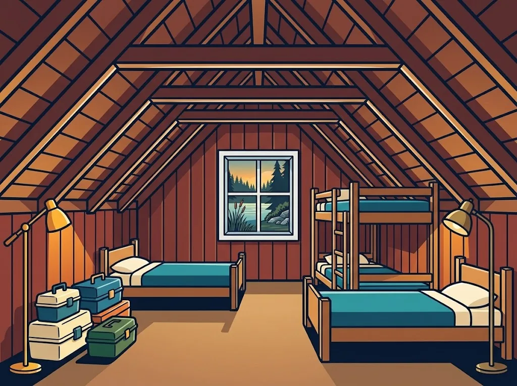 Artist’s impression of the Tackle Loft inside: beds and a bunk bed under open rafters, with tackle boxes stacked by the wall