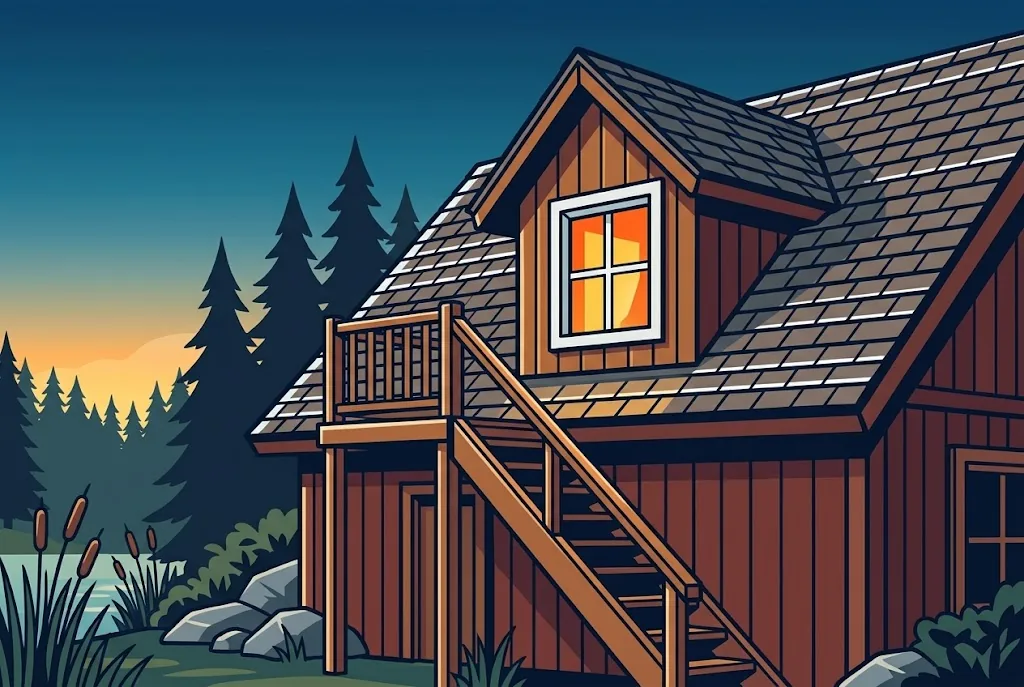 Artist’s impression of the Tackle Loft: a timber stair and balcony leading up to a lit dormer window in the roof
