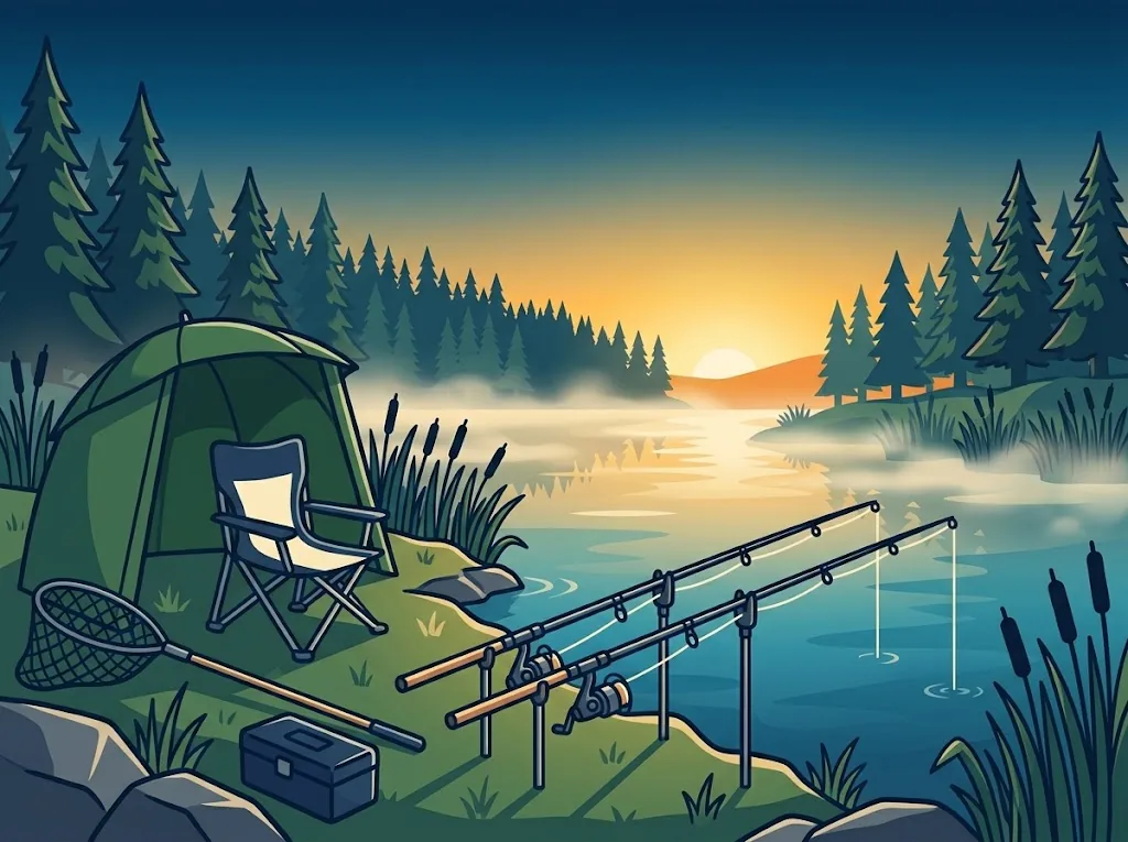 Artist’s impression of a bank session at dawn: two rods on rests over a misty lake, a green shelter, a chair, a landing net and a tackle box