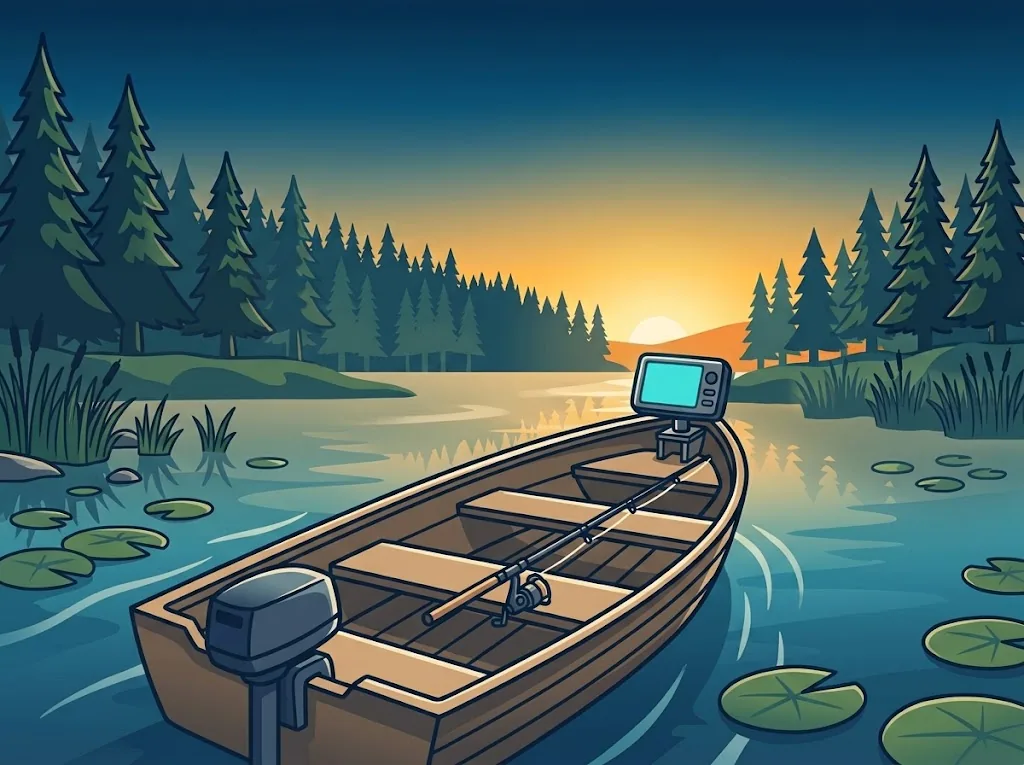Artist’s impression of a small boat with an outboard motor, a rod and an echo sounder at the bow, among lily pads at sunset