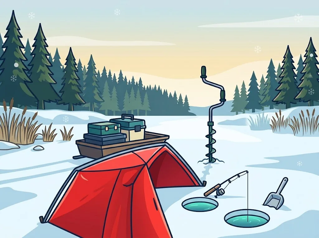 Artist’s impression of an ice fishing camp: a red shelter, a sledge with tackle boxes, an ice auger and a rod over two holes in the ice